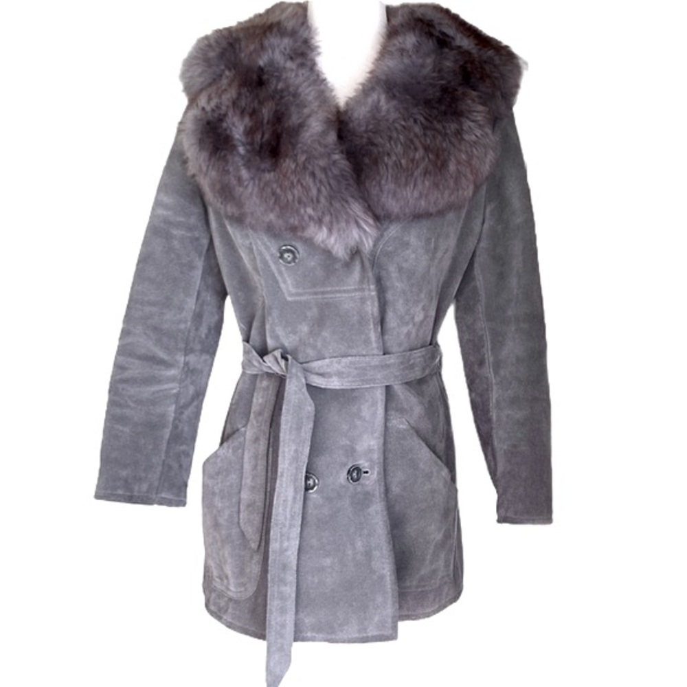 Vintage A&F 1970 Abercrombie Fitch Gray Suede Faux Fur Trim Belted Coat Jacket L